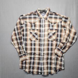 Vintage DeeCee Rangers Shirt Mens XL Brown Plaid Pearl Snap Western Made in USA